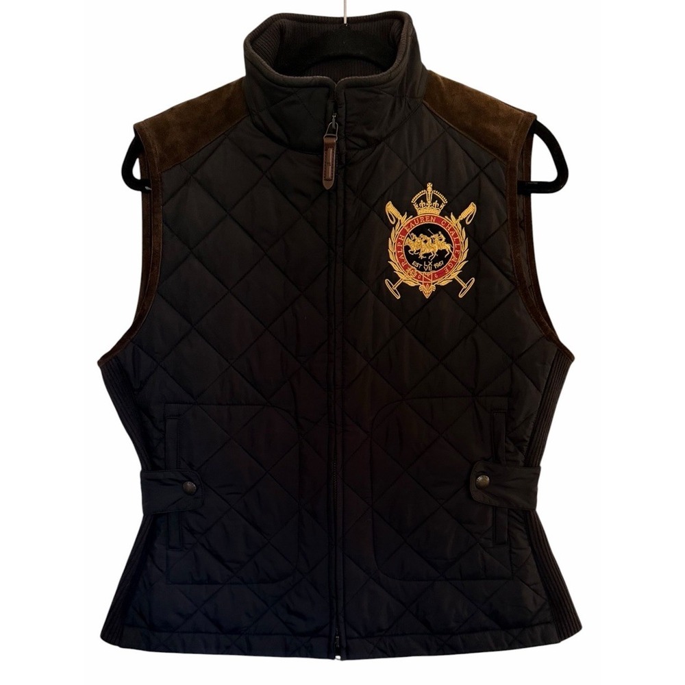 Ralph Lauren Sport Quilted Equestrian Crest Vest with Suede Shoulders Black Lg